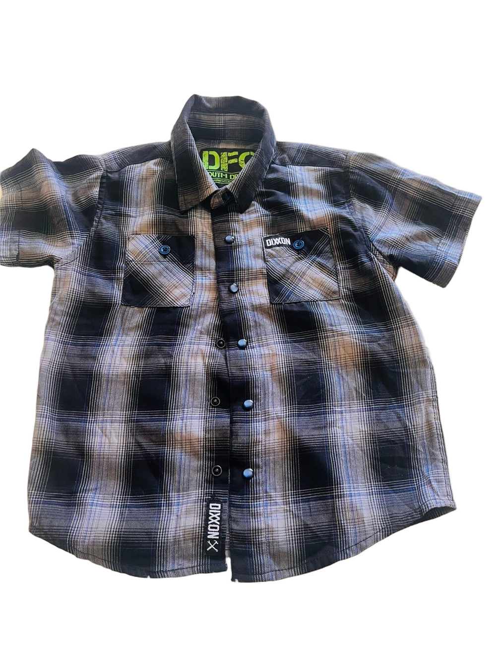 DIXXON Black Blue Gray Plaid Short-Sleeve Snap Button-Down Shirt Youth Kids XS